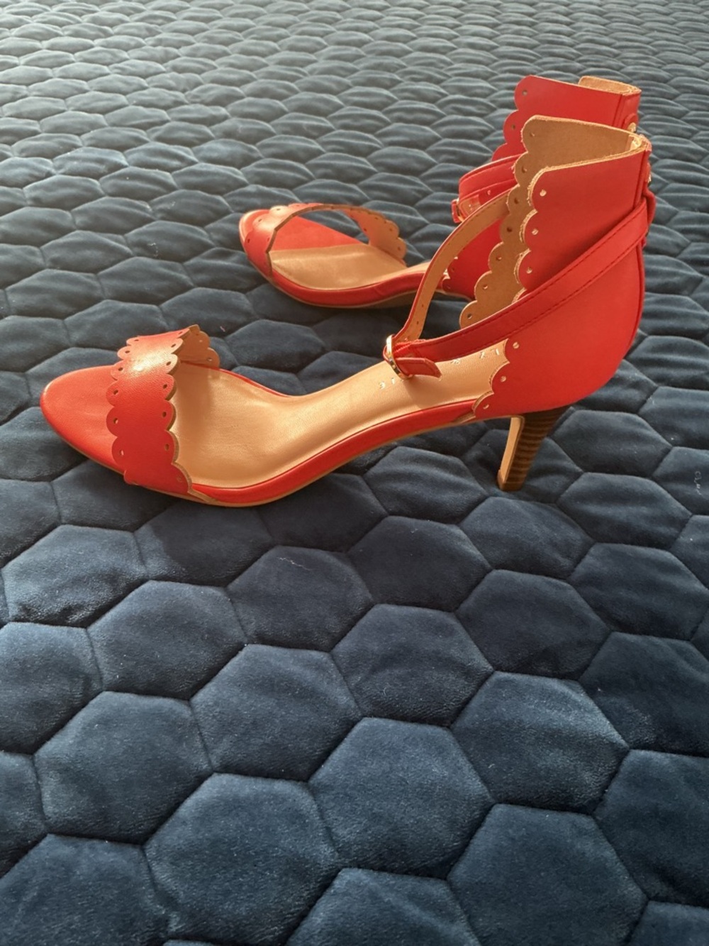 Scalloped Red Ankle-Strap Mid-Heel Sandals